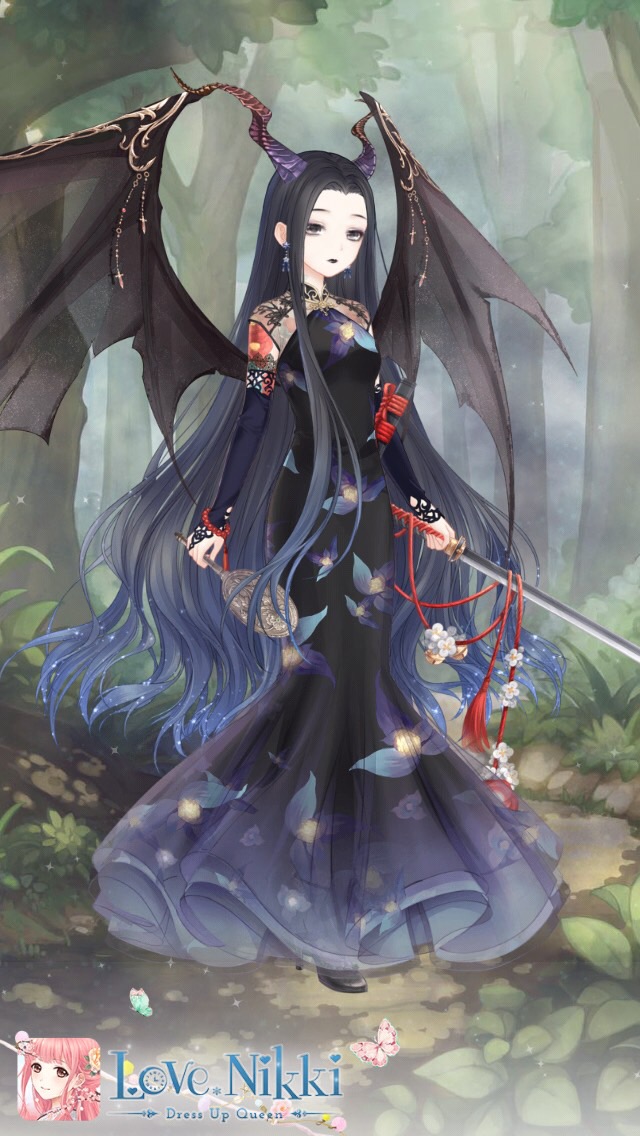 Screen shot from the game Love Nikki, showing a pretty gothic outfit