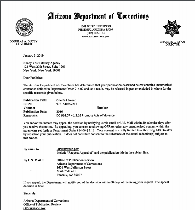 Letter from Arizona Department of Corrections