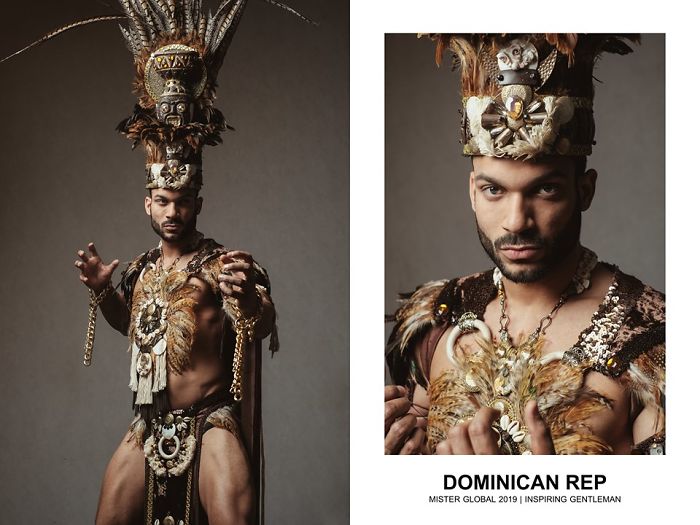 Man in the Dominican Republic national costumes: brown and grey theme, fur, feathers, and shells.