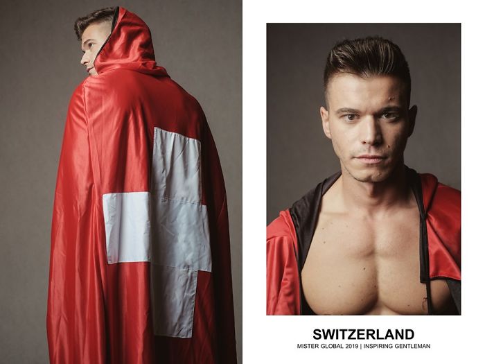 Half naked man draped in Switrzerland's flag.