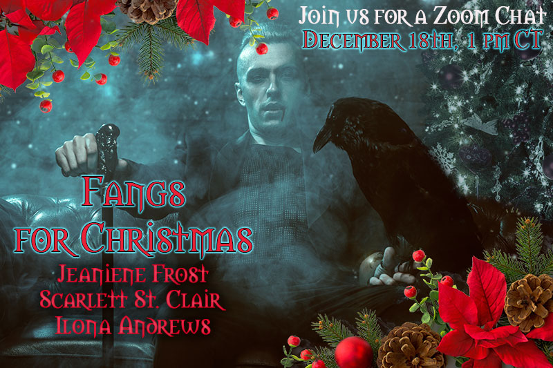 Image of a vampire, a raven, some Christmas tree stuff and the name of the zoom chat: Fangs for Christmas. 