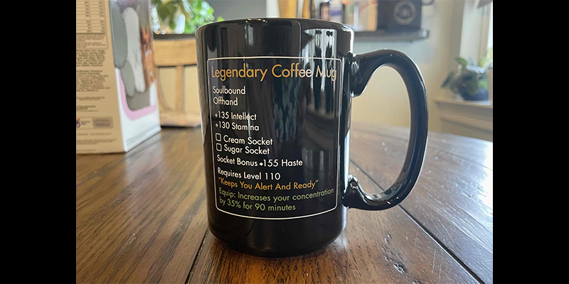 Legendary Coffee Mug, Souldbound, Offhand. +135 Intellect, +130 Stamina.  Cream Socket, Sugar Socket. Socket bonus: +155 Haste. Requires Level 110. "Keeps You Alert and Ready"
Equip: Increases your concentration by 35% for 90 minutes.