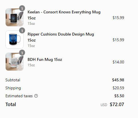 3 mugs, shipping of $20.59