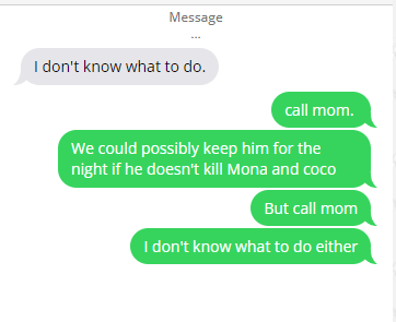 Kid 1: I don't know what to do
Kid 2: call mom. We could possibly keep him for the night if he doesn't kill Mona and coco.  But call mom.  I don't know what to do either.