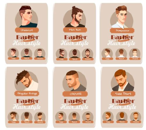 A vector graphic of 6 styles of short haircuts for men.