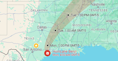 Path of Hurricane Beryl across the map.