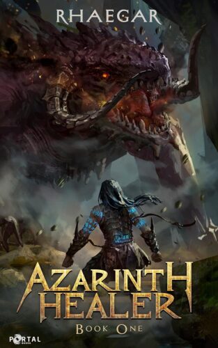 Cover of the Azarinth Healer with a woman, her back tot he reader, facing a scary horned dragon.