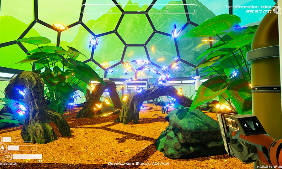 Screenshot of glowing purple and golden butterflies in a dome in Unreal engine.