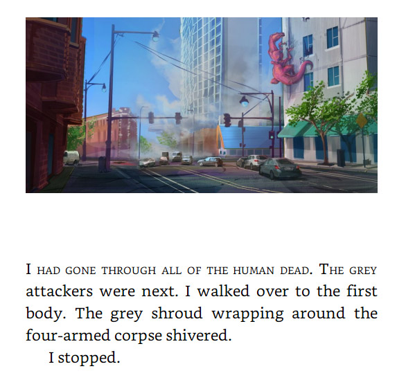 A screenshot of Candice Slater's illustration of a street with a monster climbing up on the building and random chapter text below to illustrate how the images will be presented in the ebook. 