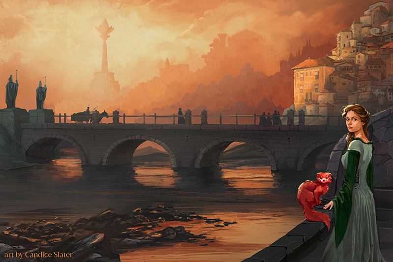 Candice's art: a landscape showing the river with a medieval bridge over it, a magical city, and Maggie and a furry friend looking toward the reader. The colors are soft and warm, rich yellows and oranges. 