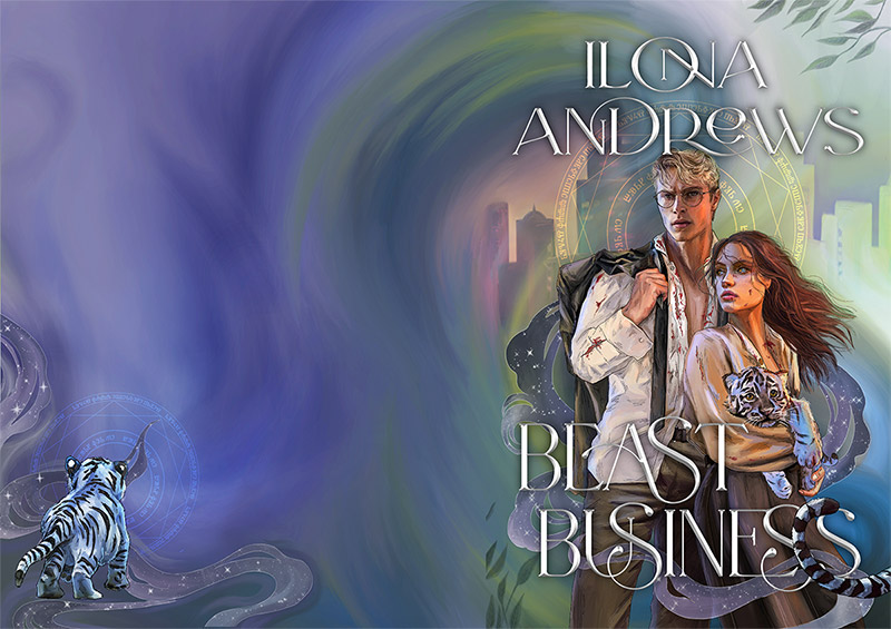 Augustine, very handsome, his suit torn and bloody, standing next to Diana Harrison with golden eyes, who is holding an adorable blue tiger. They are standing against a backdrop of a distance city with an arcane circle over it and the color scheme is light blue and greens with flashes of purple. On the lower left corner, there is a view of the tiger cub from the back.