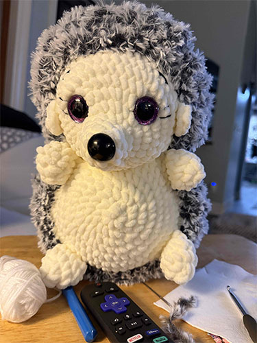 Picture of a crochet hedgehog with cure lavender eyes. 