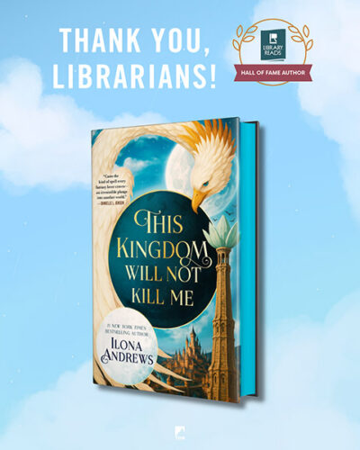 This Kingdom cover on a blue sky background with the Library Reads Hall of Fame badge and a caption of Thank you, Librarians.