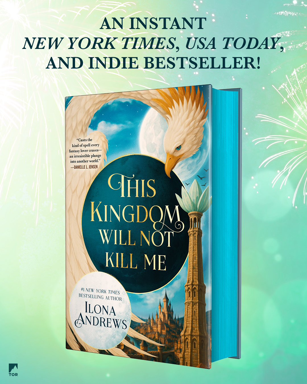 Cover of This Kingdom on a green background with fireworks and a caption that says An Instant New York Times, USA Today, and Indie Bestseller