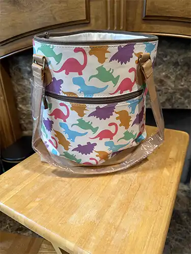 Craft bag with colorful dinosaur shapes on it.