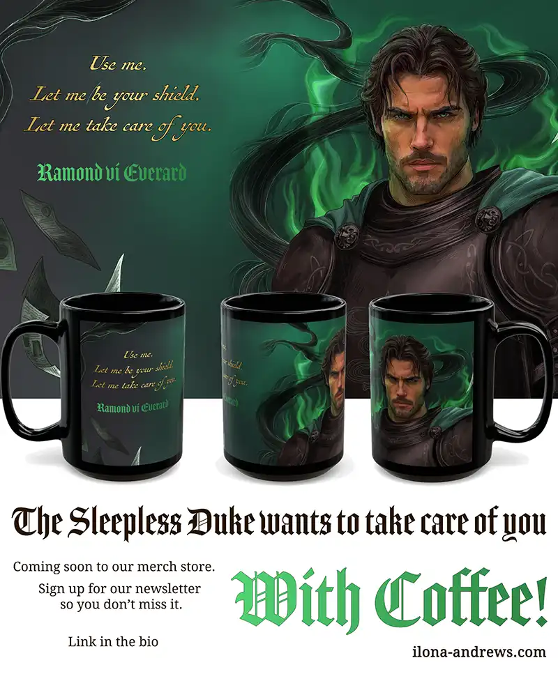 Picture of Everard on a black mug with the caption: The Sleepless Duke wants to take care of you.  With Coffee.