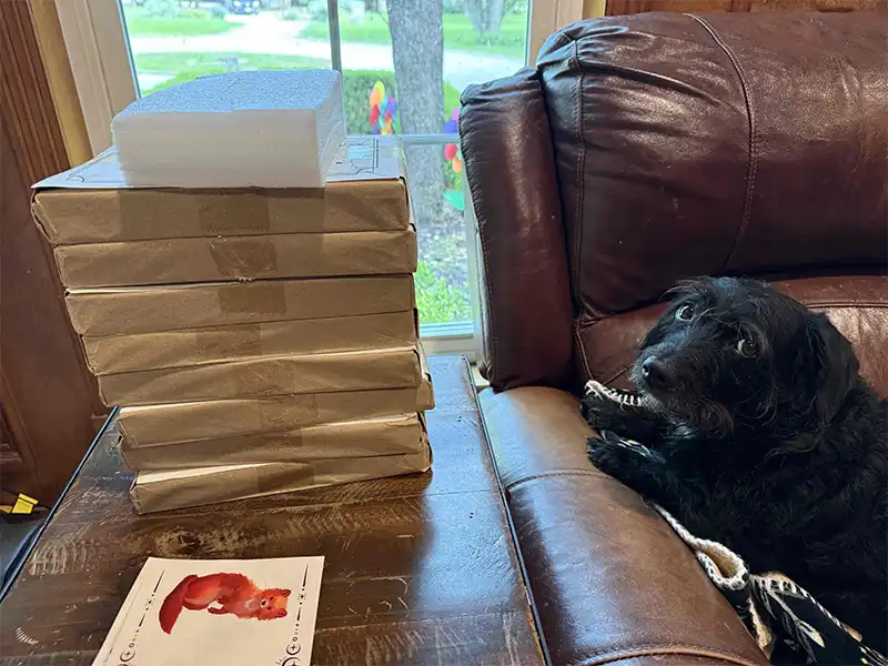 A stack of tip sheets wrapped in paper with Nykie the dog giving the whole thing a serious side eye.