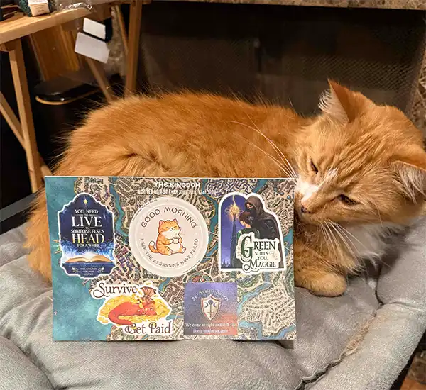 Tuna sniffing at a sticker sheet.