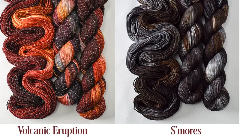 Pictures of the two yarn colorways, the orange and brown on the left and brown and grey on the right.,