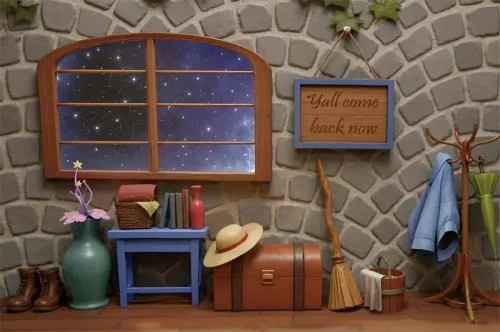 Stone wall, a window with a starry sky, and cute items like brooms, chests, shoes.
