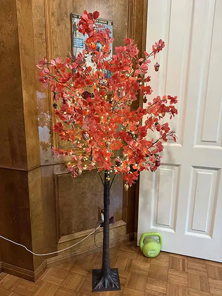 Picture of a red faux maple with fall themed Christmas decorations